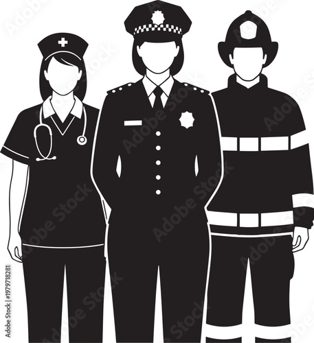 Professional emergency team featuring female nurse female police officer and male firefighter in full uniform standing in front view