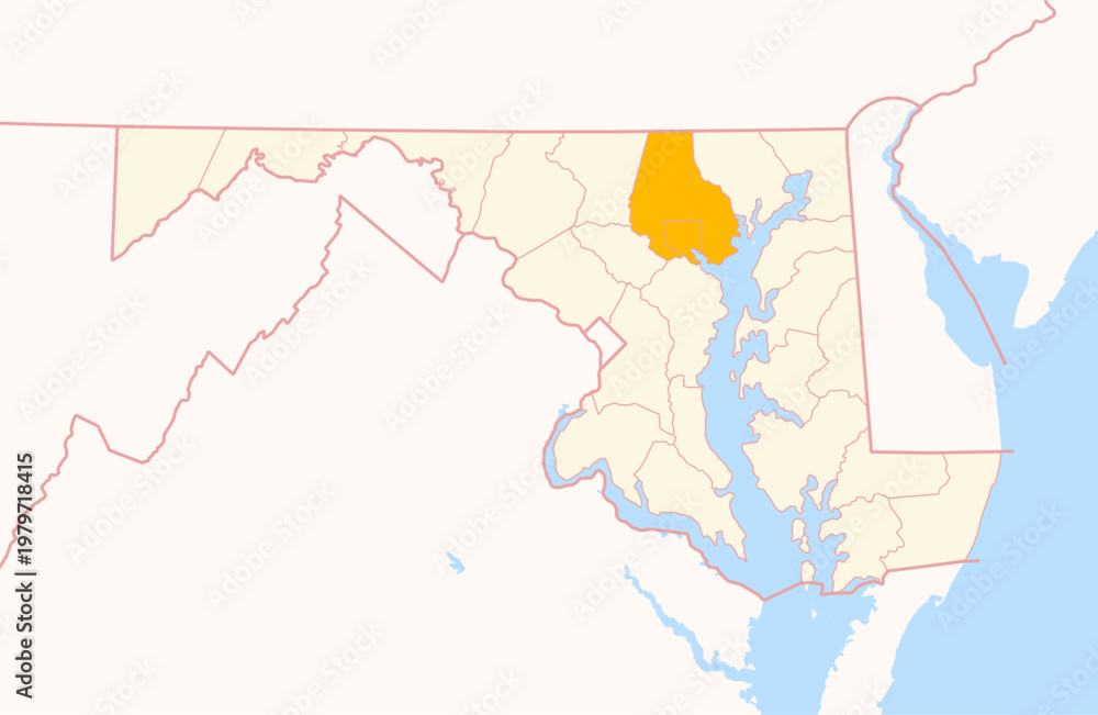 Fototapeta premium Map of the County Baltimore (Maryland, US) showing the Federal State with the highlighted County