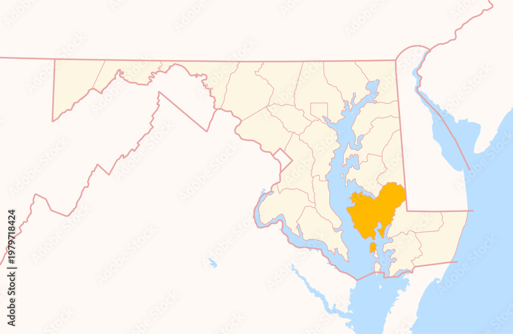 Obraz premium Map of the County Dorchester (Maryland, US) showing the Federal State with the highlighted County