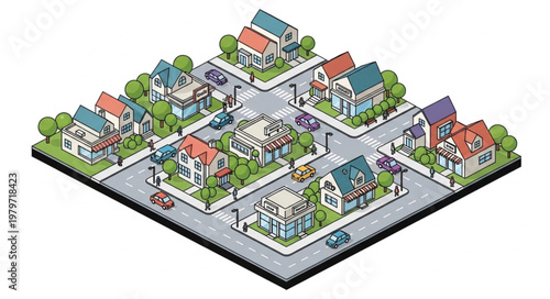 Isometric Neighborhood Street Scene with Houses and Cars.