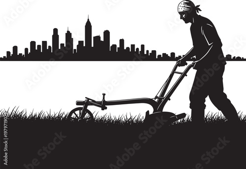 Silhouette of agricultural worker tilling soil with hand plow against city skyline backdrop representing food production near urban center areas
