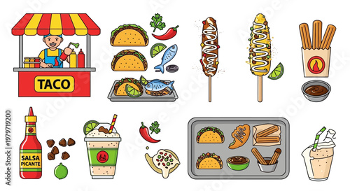 Mexican Food Icon Set Cinco de Mayo - Taco, Nachos, Guacamole, Salsa, Tequila & Lime Vector Icons
