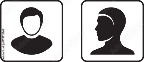 Black and white bathroom signage icons representing male and female gender symbols for public building navigation and accessibility requirements depicted as simple graphic vector illustrations present