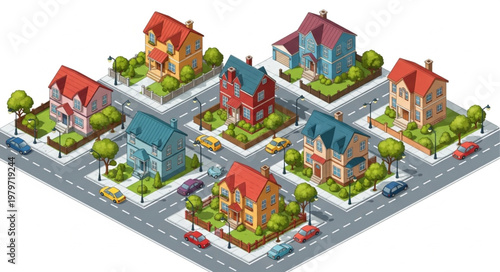 Isometric neighborhood with colorful houses and cars on streets.