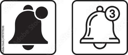 Digital notification bell icons representing new social media alerts and pending messages featuring rounded corners and a simple black and white design style displayed for mobile application user inte