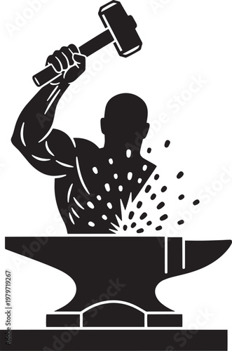 Blacksmith silhouette striking metal on anvil with heavy hammer and sparks representing craftsmanship industrial labor and traditional metallurgy