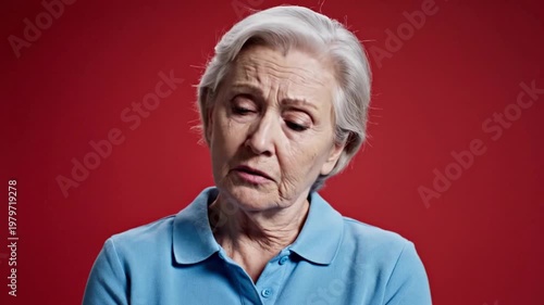 Elderly woman with sad expression on red background representing loneliness depression and emotional state concept