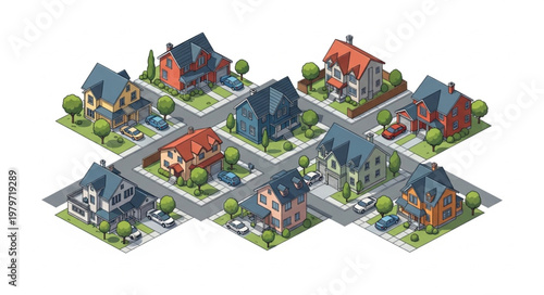 Isometric neighborhood with diverse houses and trees.