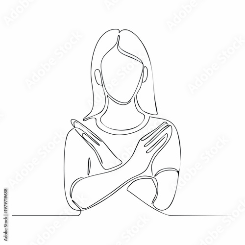 Woman making stop gesture with crossed arms.