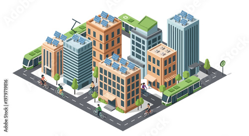Modern Sustainable City with Solar Panels, Electric Public Transport, and Bicycle Lanes - Isometric Ecology Concept