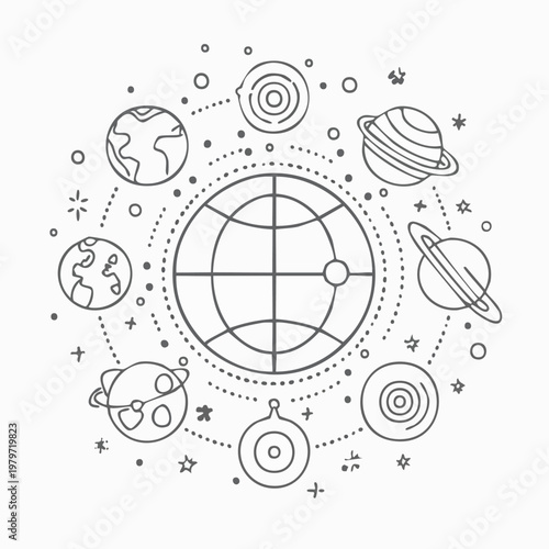 Stylized Solar System Planets Orbiting Sun Icon.