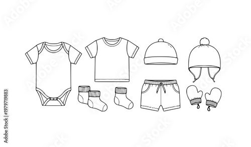 Black and white baby clothes vector set with newborn apparel and cute infant outfit collection