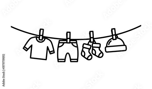 Minimal black and white baby clothes on clothesline vector illustration newborn laundry concept