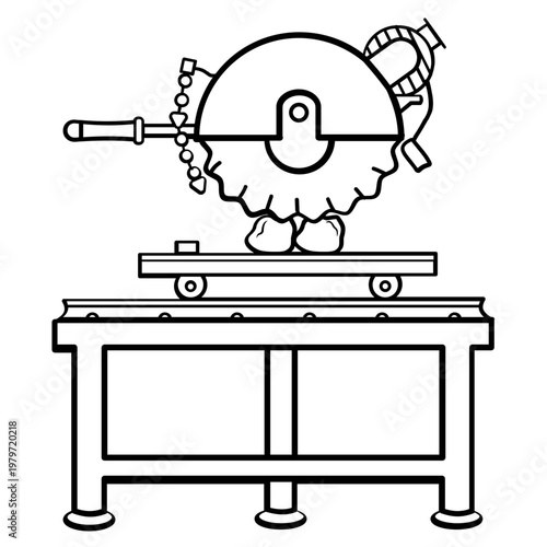 portable stone cutting saw on work table concept, handheld masonry cutter with circular blade vector icon design