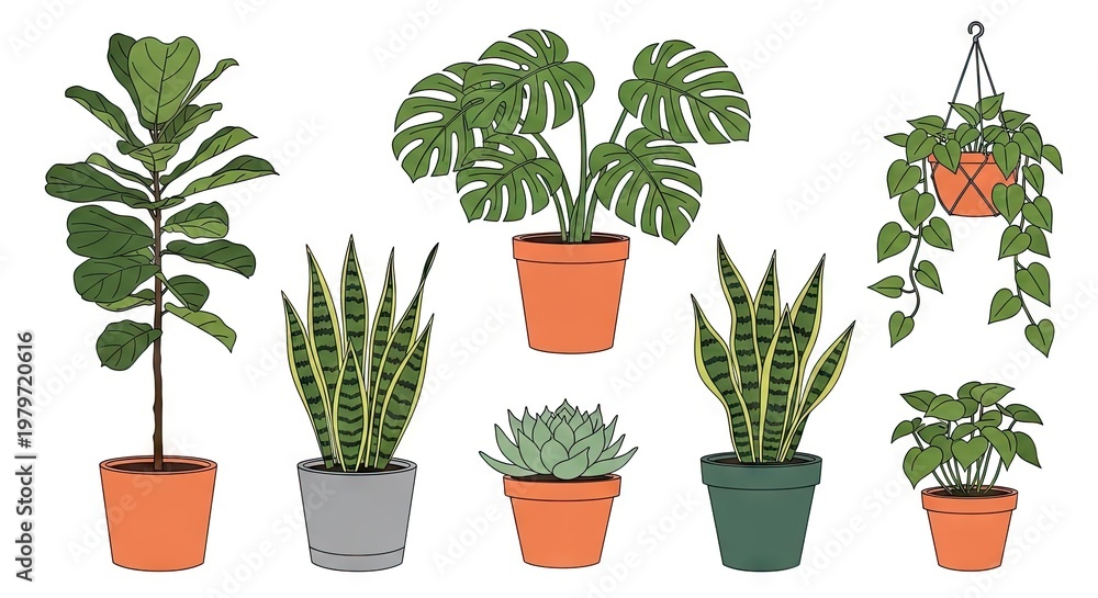 Fototapeta premium Collection of house plants illustrated in vector style against a white background