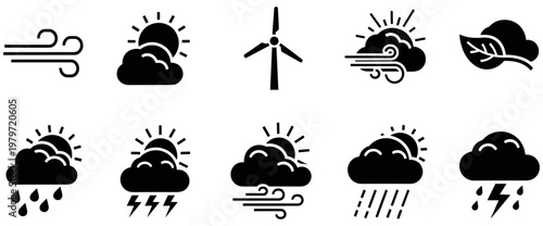 Weather icon set featuring sun, clouds, rain, wind, lightning, and renewable energy wind turbine for meteorology.