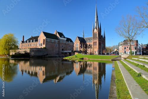 Reflections of Sint Bonaventurakerk church and the Castle of Woerden, Utrecht, Netherlands
