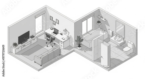 Isometric view of a modern apartment layout with living room and bedroom.