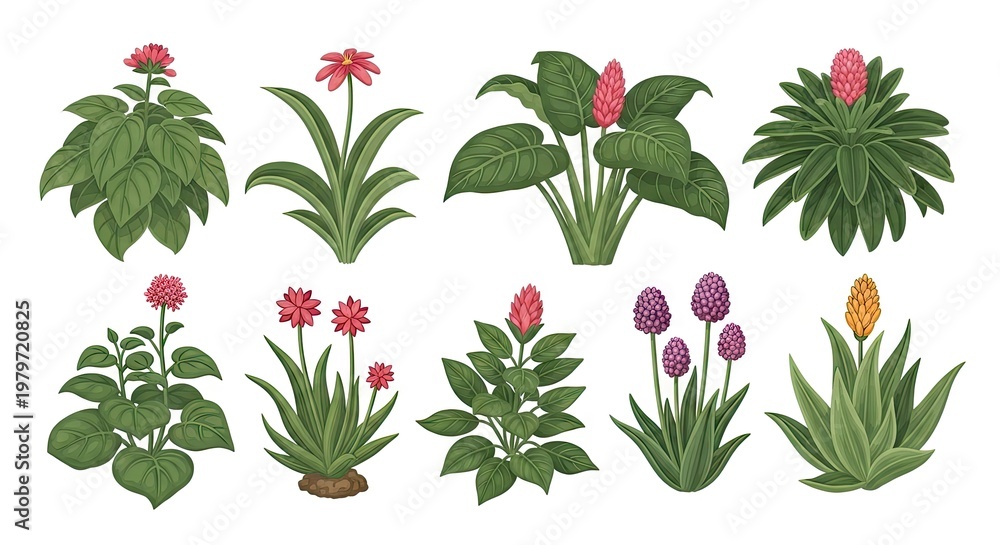 Naklejka premium Decorative botanical illustrations floral vector set with diverse greenery