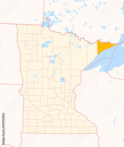 Map of the County Cook (Minnesota, US) showing the Federal State with the highlighted County
