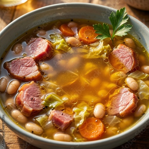 A delicious bowl of traditional beef stew with potatoes, vegetables, and herbs makes for a healthy, hot dinner dish featuring tender meat in a savory red tomato soup