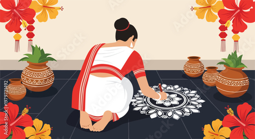 A woman in a traditional saree creating a beautiful rangoli design on the floor, surrounded by festive decorations like clay pots, pineapples, and hibiscus flowers.