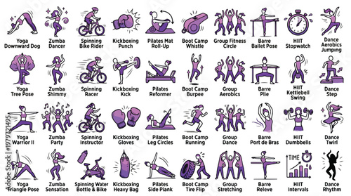 Fitness Class Activities Icon Set in Purple Line Style. A collection of Workout Linear Icons, Including Yoga, Zumba, Spinning, HIIT, Pilates, Barre, Kickboxing, Dance, Cardio