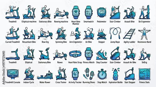Cardio Gym Equipment Icon Set in Hand-Drawn Gradient Style. A collection of Fitness Activity Linear Icons, Including treadmill, elliptical, bike, rower, smartwatch, pedometer