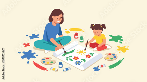 Mother and child painting watercolor on a large sketchbook with color palettes and paints