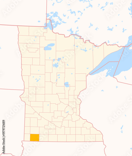 Map of the County Nobles (Minnesota, US) showing the Federal State with the highlighted County