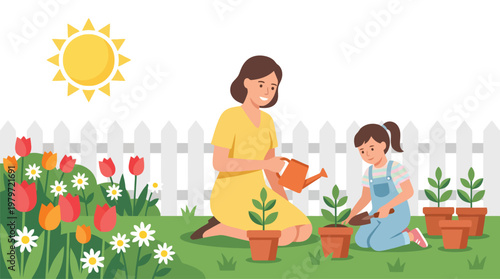 Mother and girl gardening with sunflowers and tulips in sunny backyard