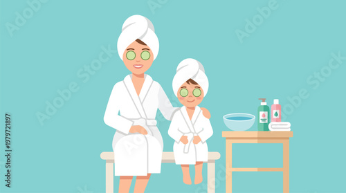 Mother and child in bath robes with spa products