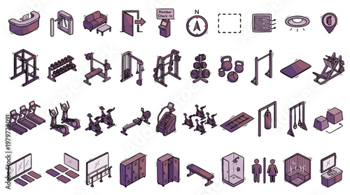 Gym and Fitness Equipment Icon Set in Isometric Doodle Style. A collection of gym interior linear icons, including treadmill, weights, lockers, sauna, bench, bike, rowing, shower