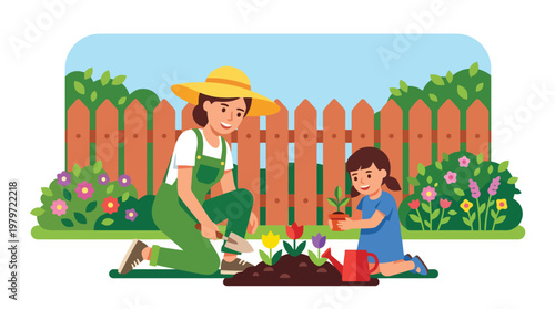 Gardening activity with adult and child planting flowers in a backyard garden