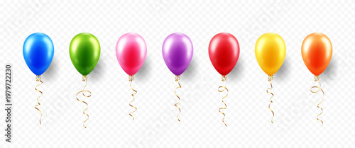 Сollection of realistic 3D colored balloons with shadow isolated on a transparent background. Festive helium balloons for decorating background, card, invitation and banner.