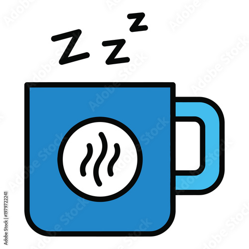 Blue coffee mug with steam and sleep zzz symbol on white background icon