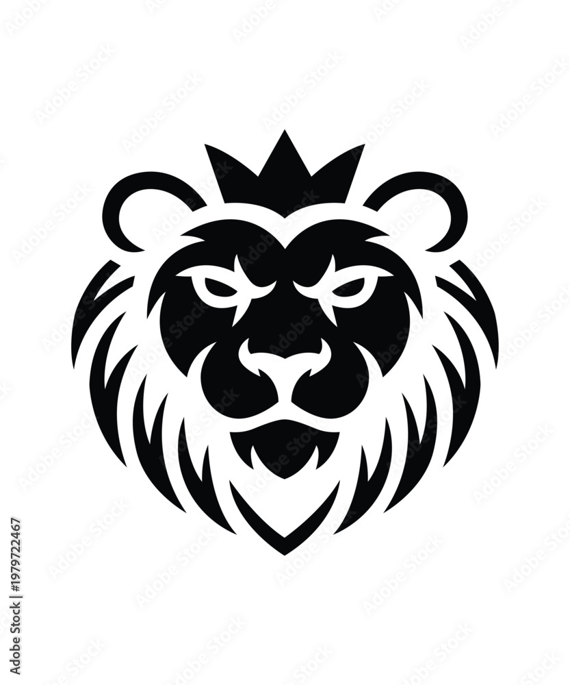 Fototapeta premium Crowned Lion Head Vector Logo, Fierce Black and White Royal Animal Mascot Emblem Design Illustration
