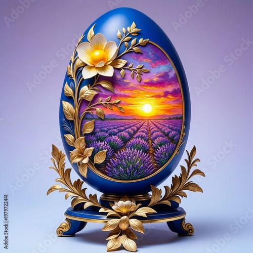 Golden vector illustration of a vintage round Easter egg with floral ornament patterns and nature design elements on a decorative gold holiday plate icon