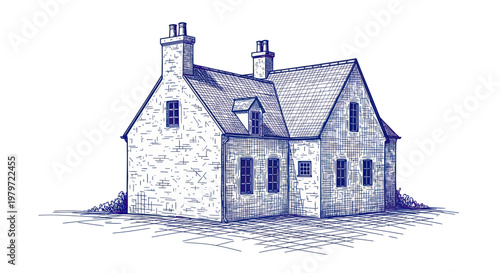 Hand drawn illustration of a charming traditional stone house with chimneys.