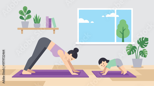 Mother and child doing yoga at home on mats