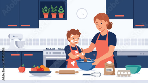 Mother and child cooking together in modern kitchen