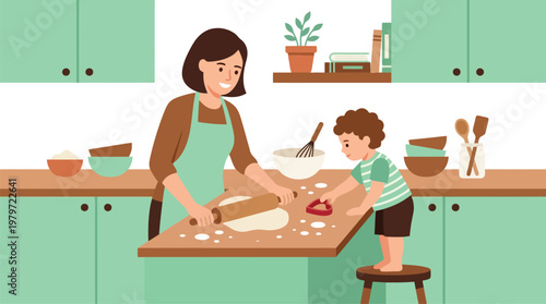Mother and child baking together in a kitchen