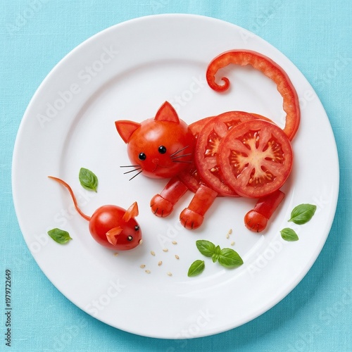 A fresh healthy salad featuring sliced red tomatoes on a white plate with a fork and green basil for a raw vegetarian meal appetizer