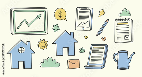 Hand-drawn doodle style real estate and business icons set.