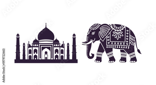 Decorative Elephant and Taj Mahal Silhouette.