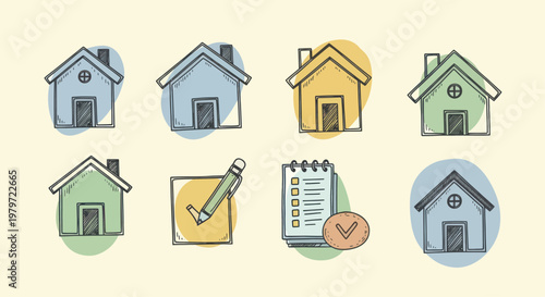 Hand-drawn houses and checklist icons for real estate and property management.