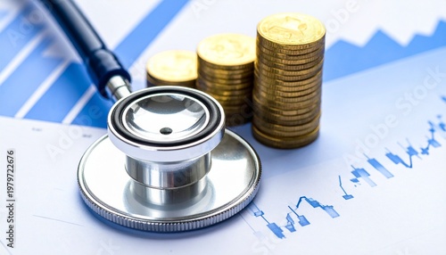 Stethoscope and coins on financial chart symbolizing medical economics