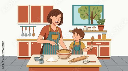 Mother and child baking together in kitchen
