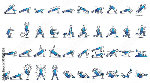Home Workout Bodyweight Exercises Illustrations in Hand-Drawn Sketch Style. A collection of linear icons including push-up, squat, plank, lunge, burpee, jump, crunch, and more. High Quality.