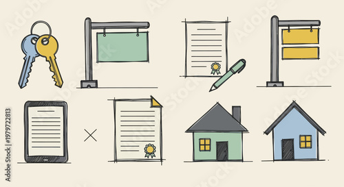 Hand-drawn Real Estate Icons Set with Houses, Keys, and Documents.